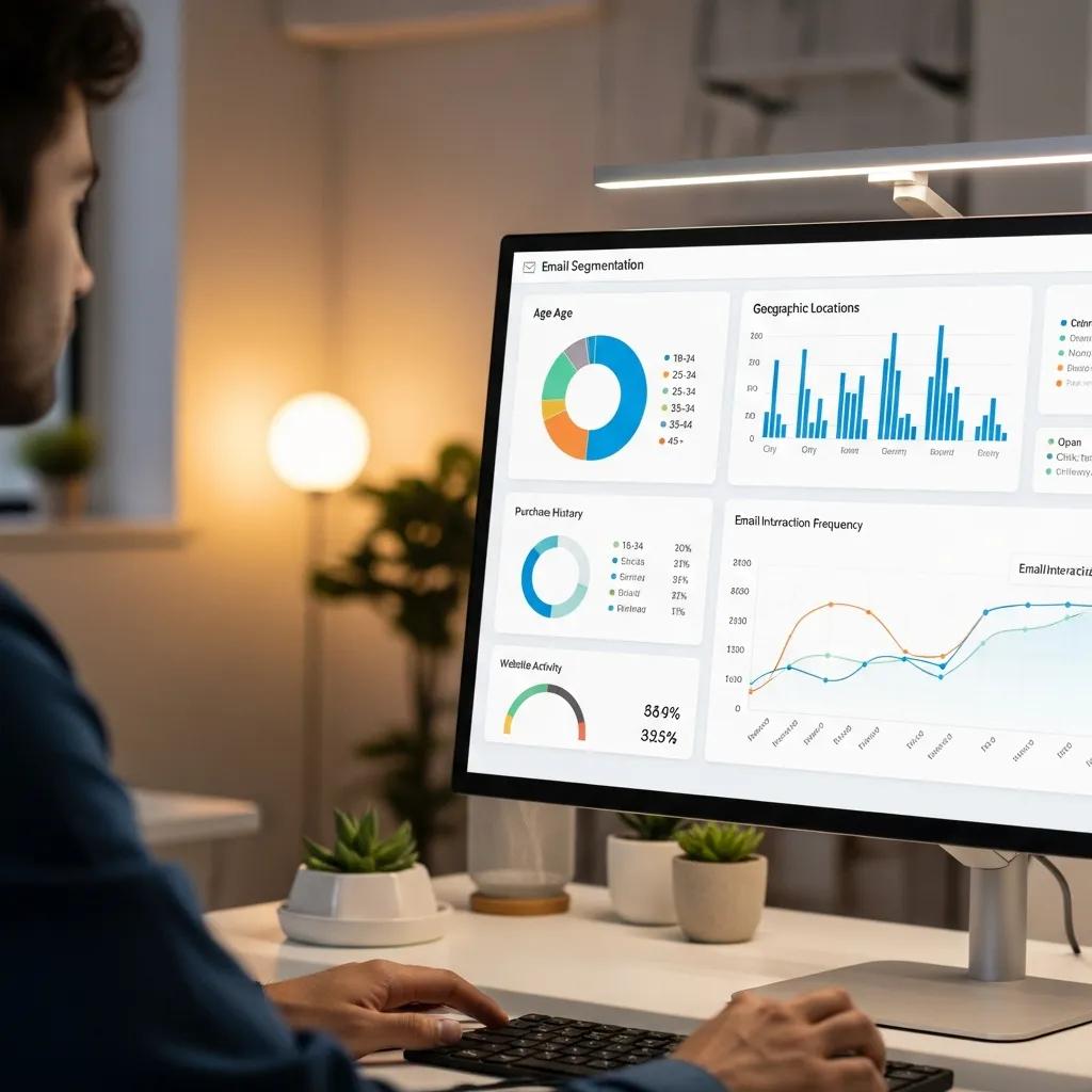 Close-up of an email segmentation dashboard with demographic data in a modern workspace