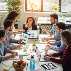 Diverse professionals collaborating on email marketing strategy in a modern workspace