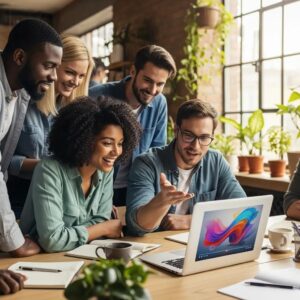 Group of diverse individuals engaged in video marketing strategy discussion in a modern workspace