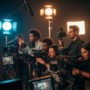 Professional video production team collaborating in a studio setting