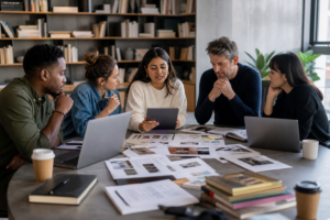 Content development team collaborating in a modern workspace