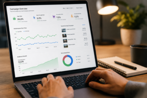 Hands typing on laptop with email campaign analytics dashboard