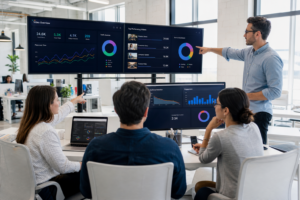 Marketing team reviewing video analytics on large monitors in a bright modern office