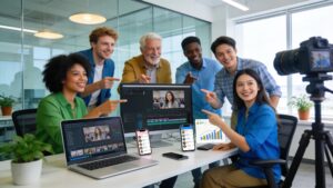 Group of diverse people engaging with video marketing technology in a bright workspace