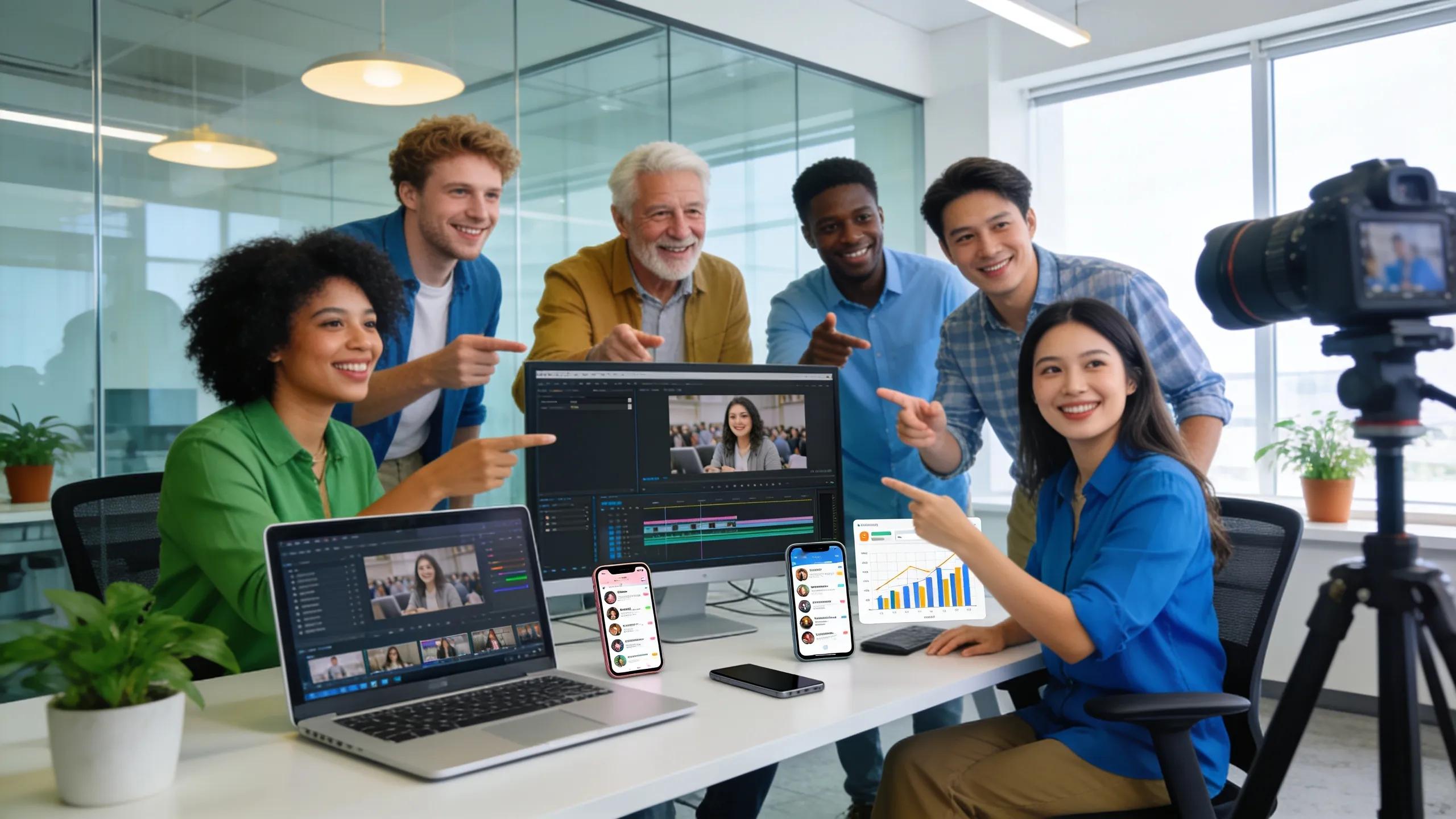 Group of diverse people engaging with video marketing technology in a bright workspace