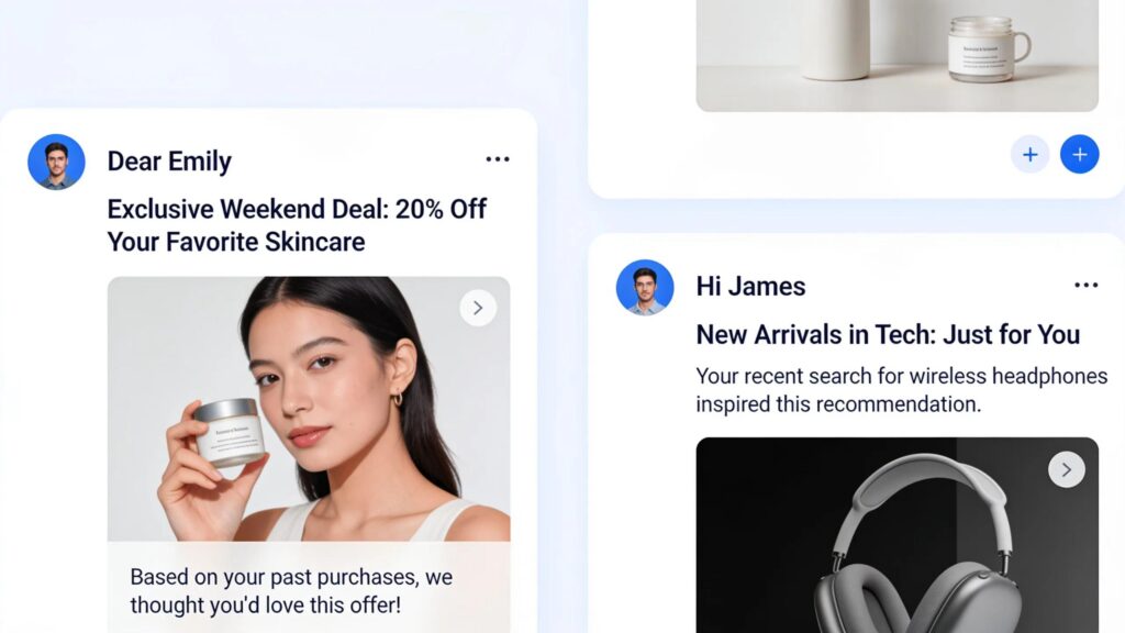 Personalized email marketing examples showcasing dynamic content and tailored offers for skincare and tech products.