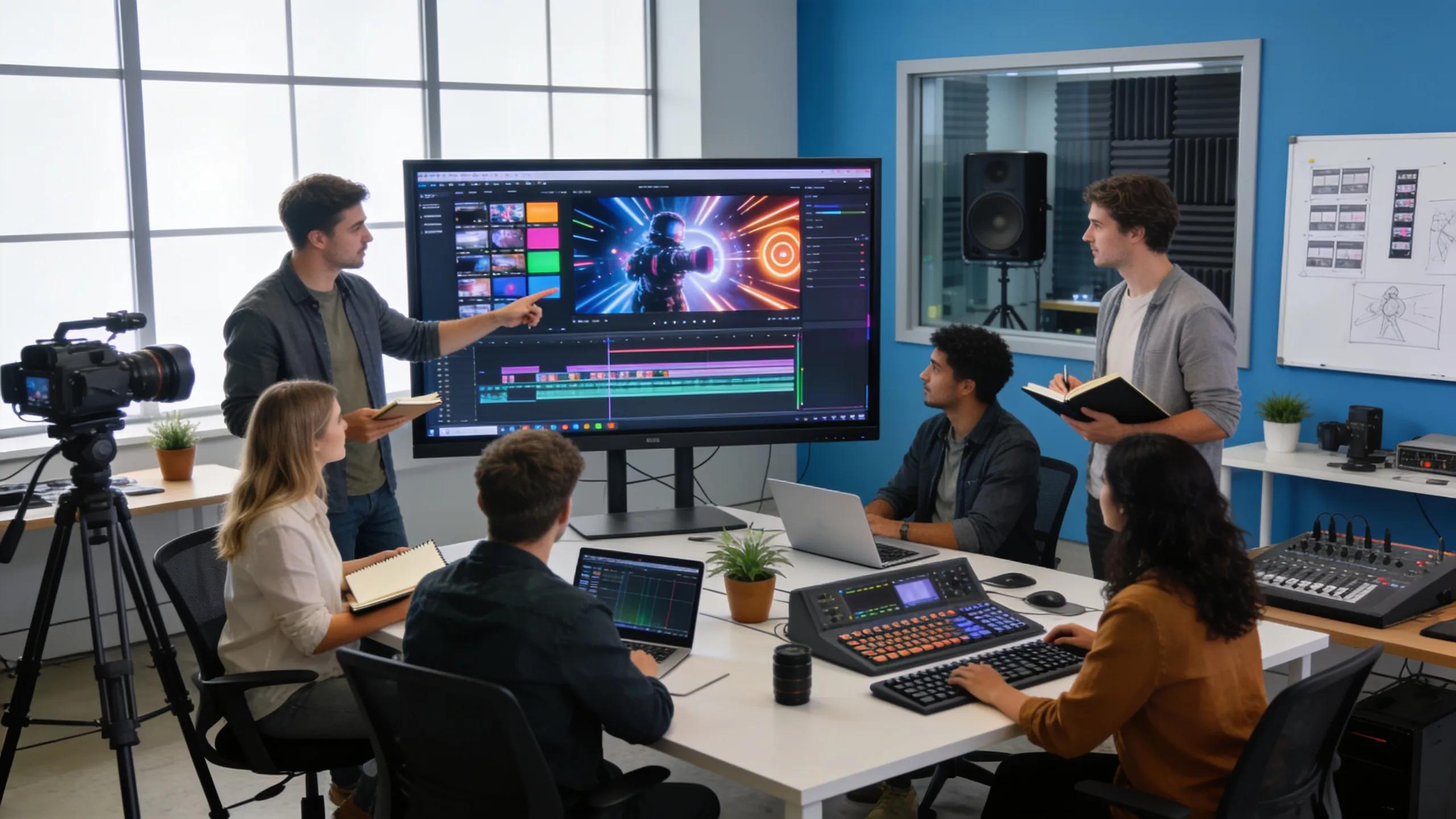 Creative team discussing video marketing strategies in a collaborative workspace