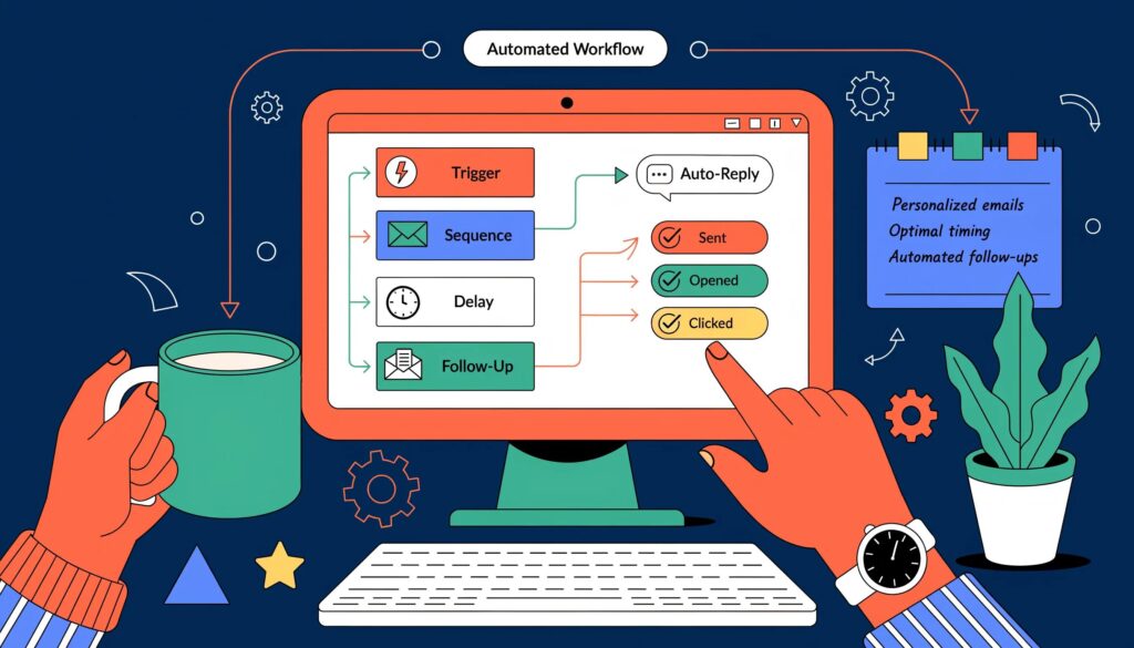 Automated email workflow diagram illustrating triggered sequences, auto-replies, and personalized email timing.