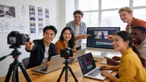 Professionals collaborating on a video marketing project in a bright office environment