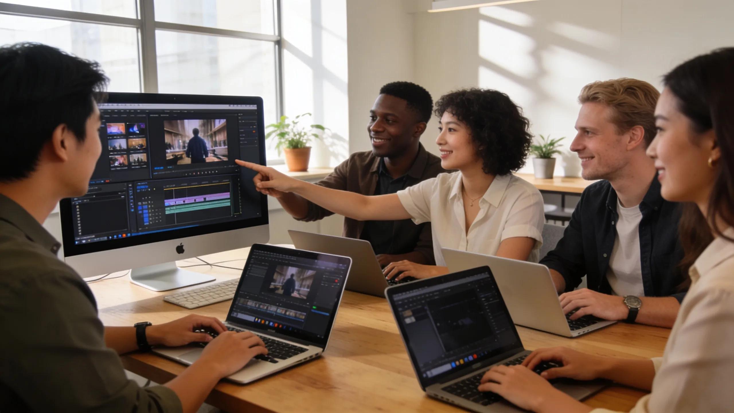 Professionals collaborating on video content marketing strategies in a modern office