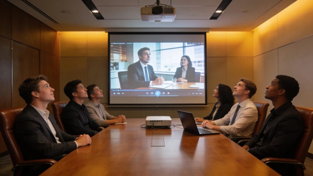 Audience engaged with video content during a corporate presentation