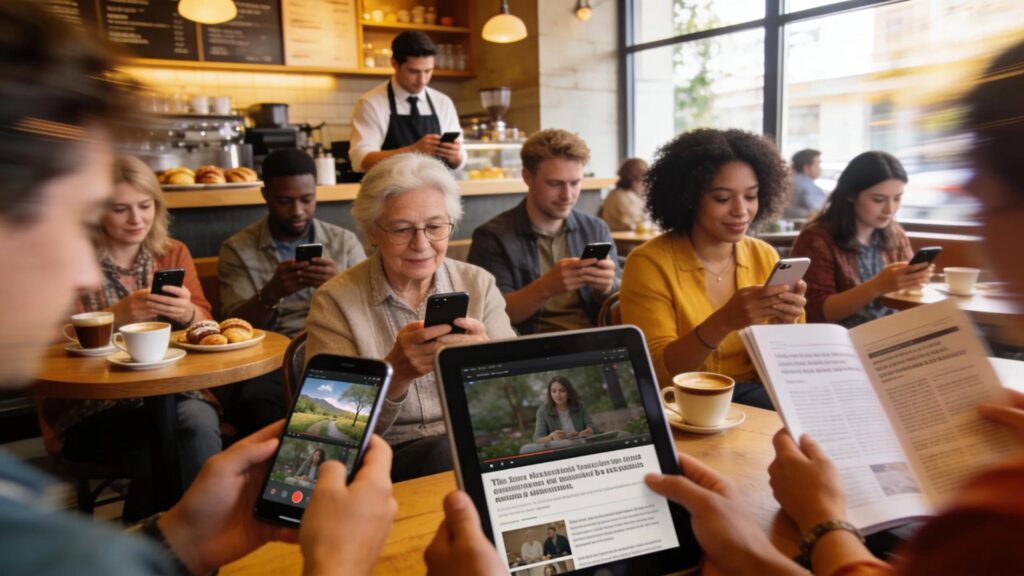 Diverse individuals interacting with various digital content types in a lively coffee shop
