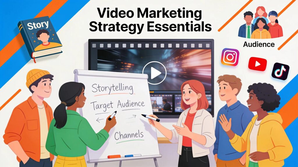 A diverse team brainstorming video marketing strategies, with visual metaphors for storytelling and audience engagement.