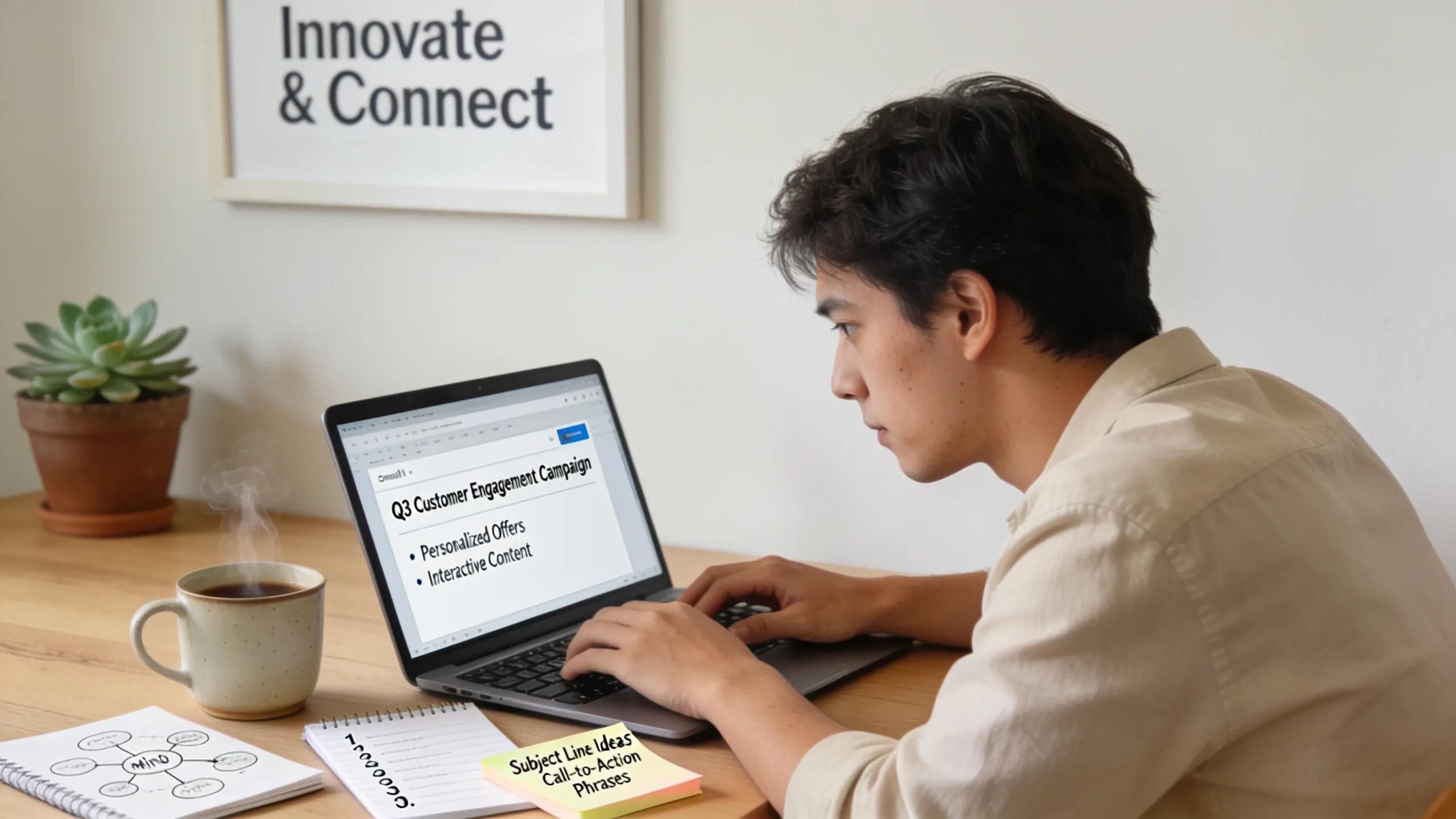 Workspace with a laptop, coffee, and notepads focused on email marketing strategy