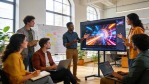 Team discussing video marketing strategies in a modern office environment