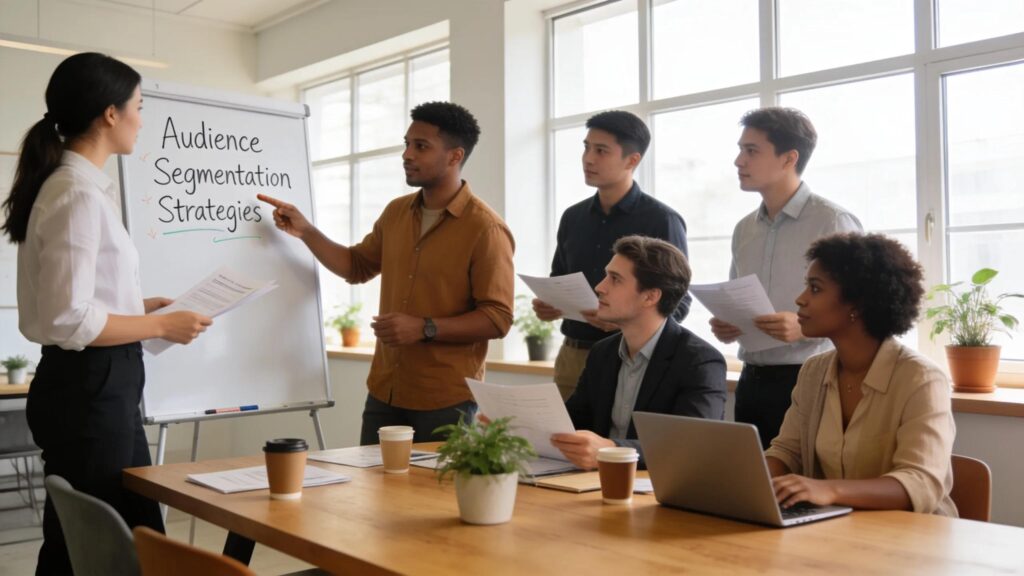 Diverse professionals collaboratively discussing audience segmentation strategies in a bright meeting room