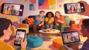 Group of diverse individuals engaging with video content on various devices in a modern living room setting.