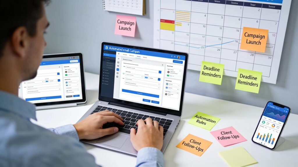 Person automating email marketing campaigns in a tech-savvy workspace with digital tools