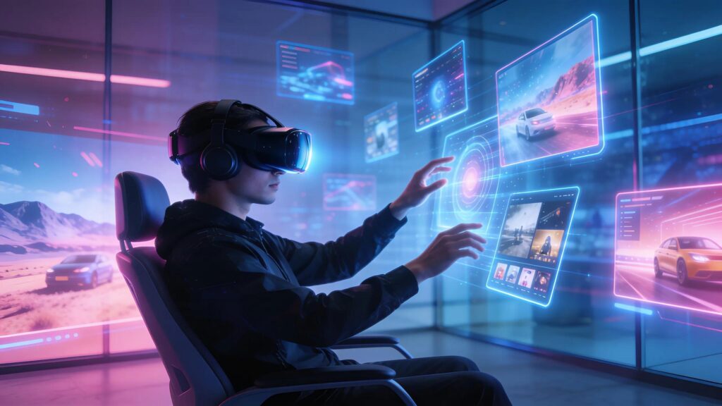 Individual engaging with augmented reality and virtual reality technology for an advanced video marketing experience.