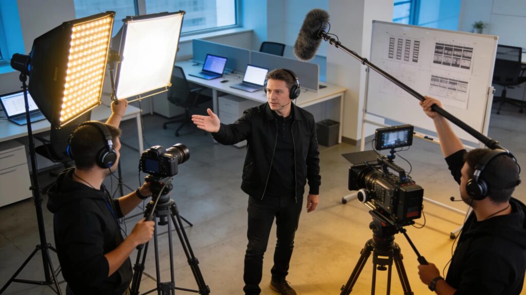 Videographers filming a corporate video with professional equipment in an office
