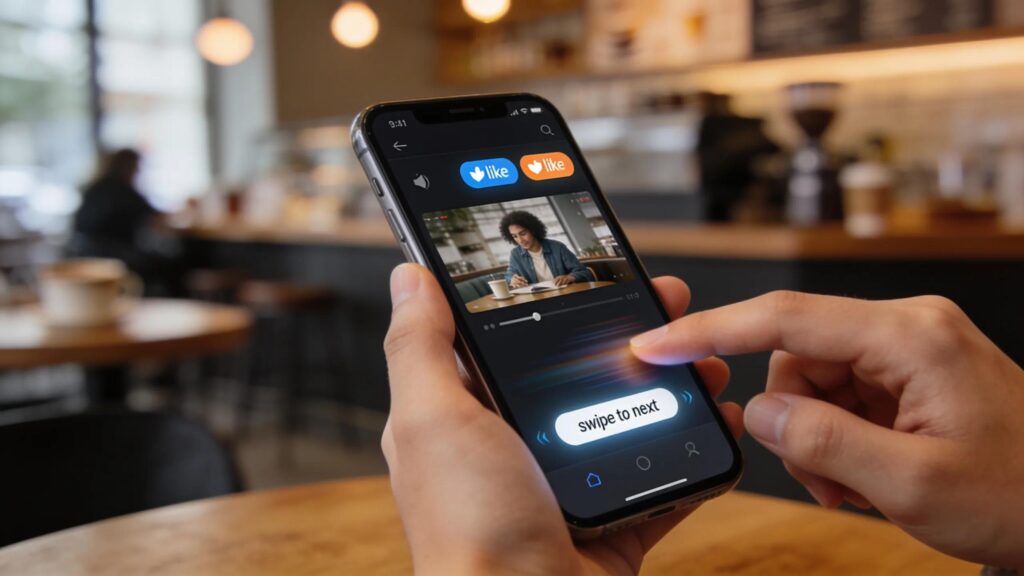 User interacting with a smartphone displaying interactive video content in a coffee shop