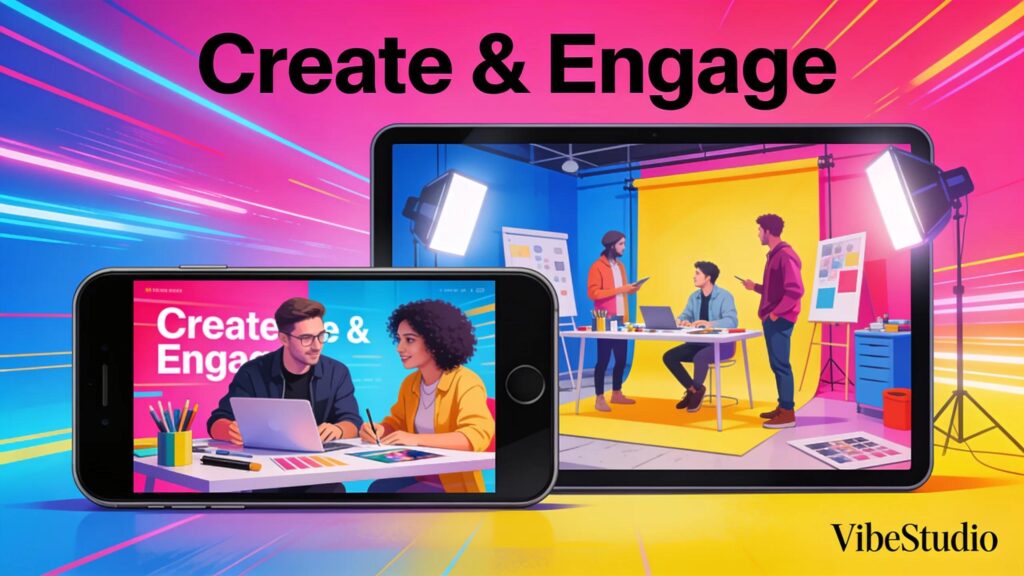 Promotional video being viewed across multiple devices in a creative studio