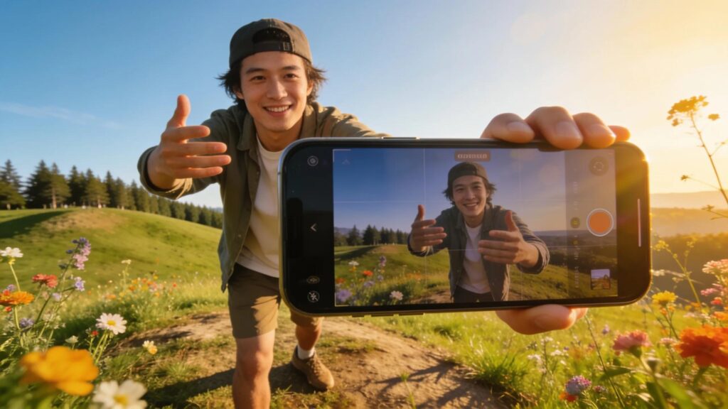 Content creator filming a video outdoors for cross-platform distribution